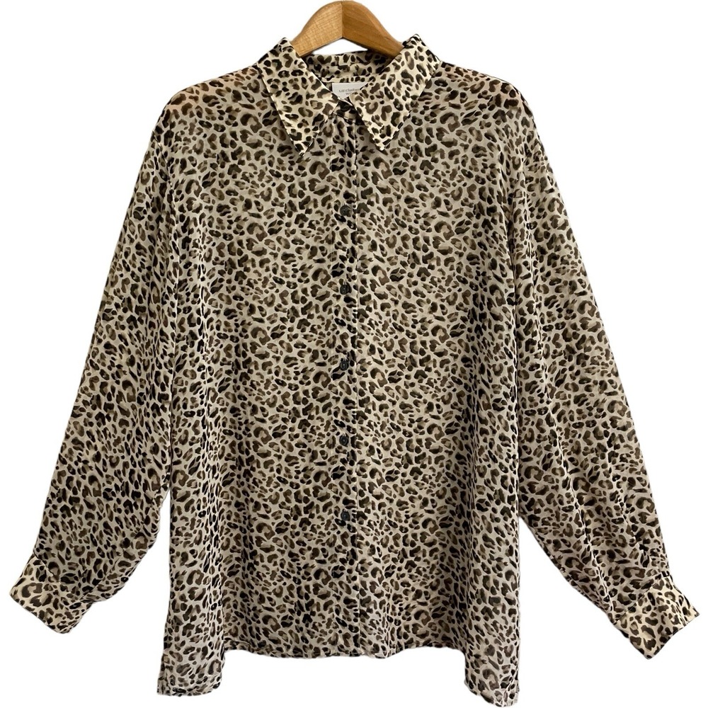 Liz Claiborne Button Down Shirt Women 1X Brown Leopard Print